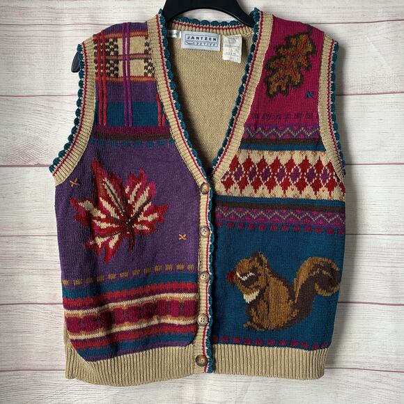 Vintage Jantzen Petites Fall Knit Sweater Vest Embroidered Squirrel Leaf Size L - Picture 1 of 16